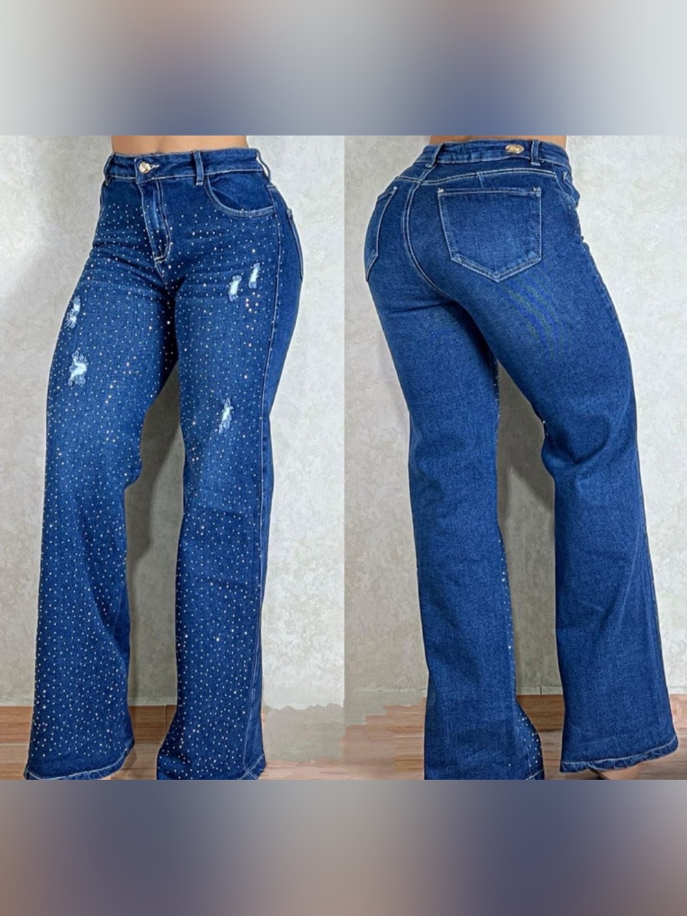 Blue Rhinestone High-Rise Flare Jeans